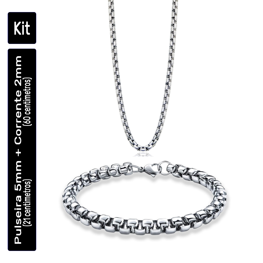 Pulseira e Corrente Masculina Veneziana em Aço Inox Cirúrgico – Prata Original