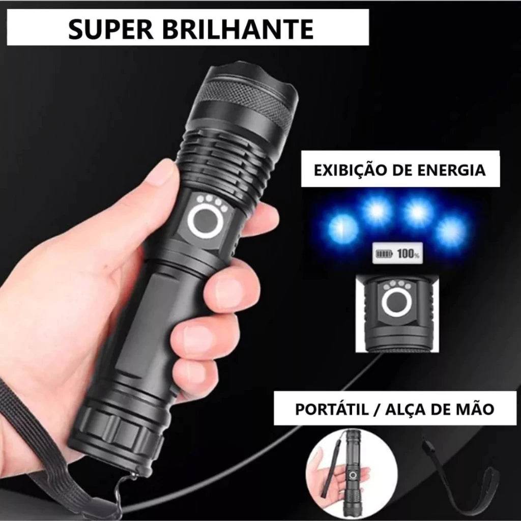 Lanterna Tática T9 com LED P50 – Ultra Potente, Recarregável e Resistente à Água