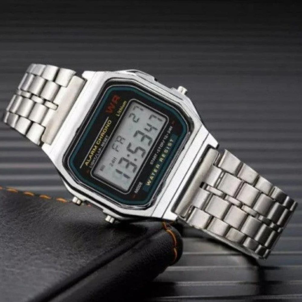 Relógio Retrô Vintage Digital Masculino – Metal Prata | Estilo Anos 80
