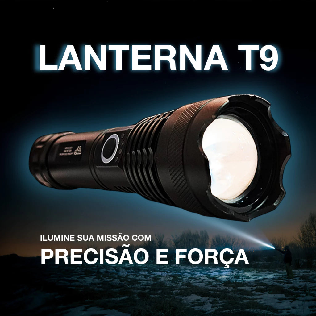 Lanterna Tática T9 com LED P50 – Ultra Potente, Recarregável e Resistente à Água