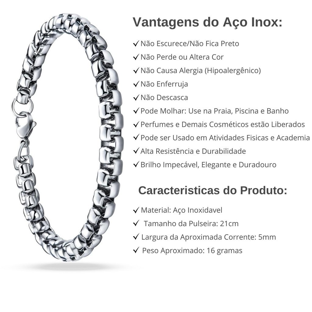 Pulseira Masculina de Corrente Veneziana Aço Inox Legítimo Cirúrgico Prata Original