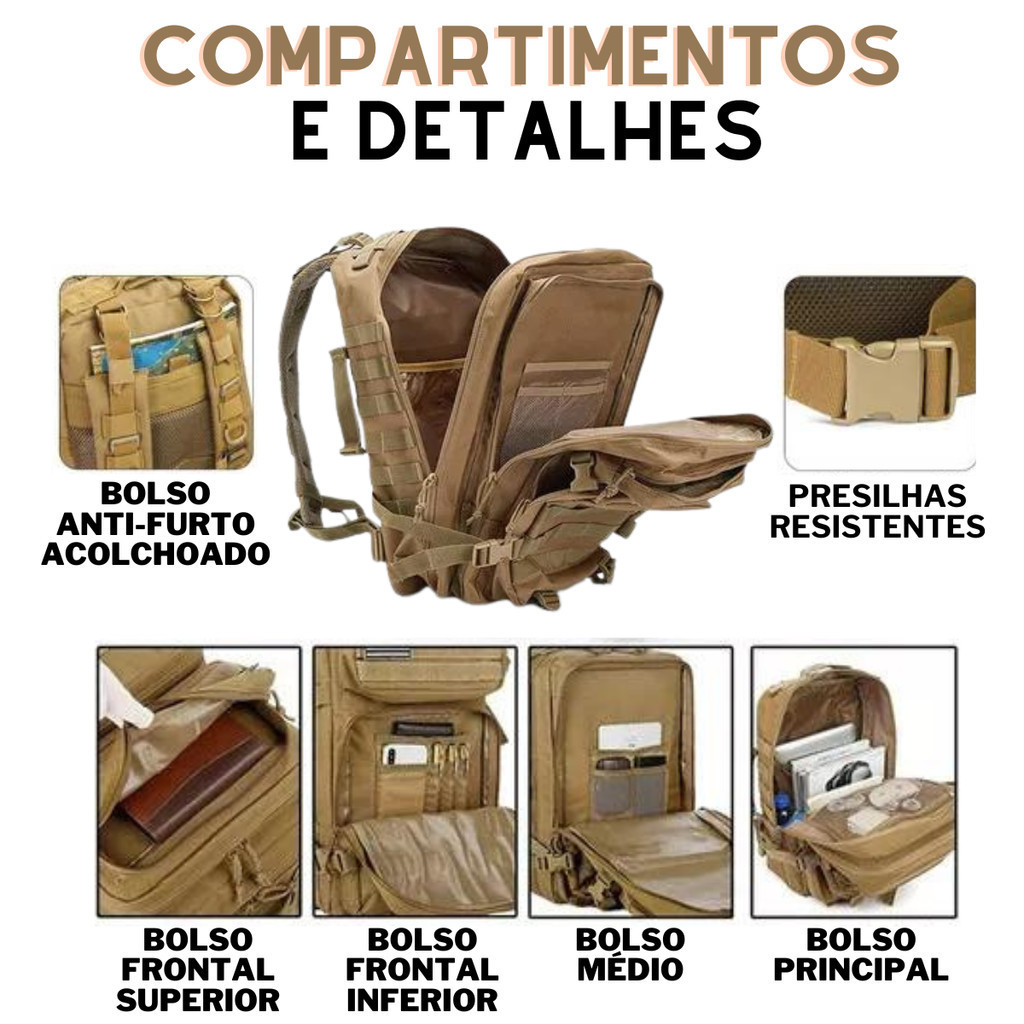 Mochila Militar Tática Impermeável 50 Litros Grande Reforçada com Bandeira do Brasil